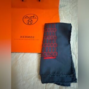 Hermès Navy and Red 100% Silk Pocket Square Bandana Scarf